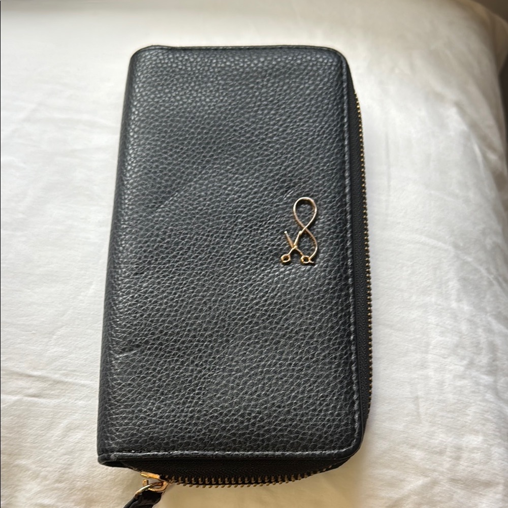 Black Textured Wallet with Gold Accent Scissors Infinity Sign